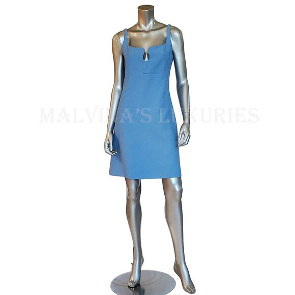 GUCCI DRESS CADY CREPE WOOL SILK SKY BLUE w CRYSTAL G LOGO sz IT 44 US 8 - Picture 2 of 15